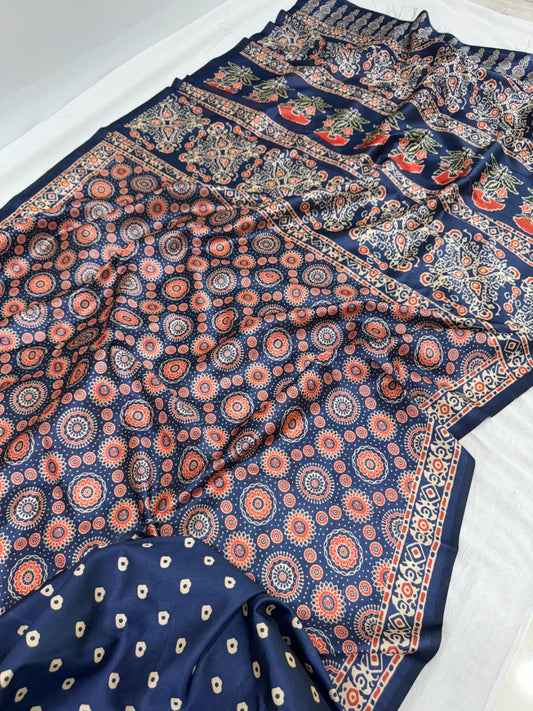 Navy Blue Ajrakh Print Tussar Silk Saree