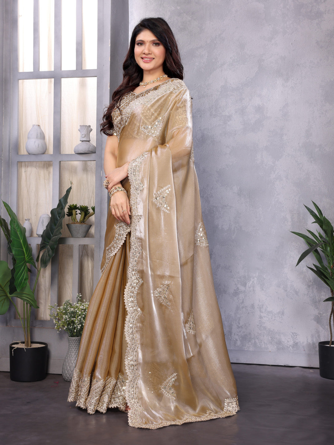 Beige Fancy Shimmer Chiffon Saree With Embroidery Work