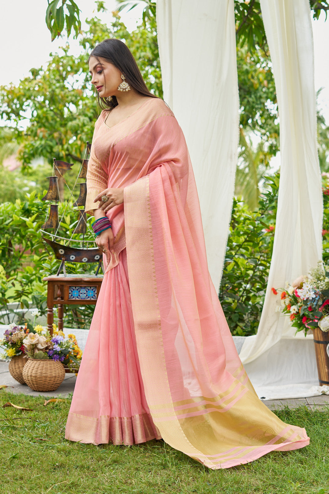 Pink Color Linen Cotton Saree With Zari Weaving Border