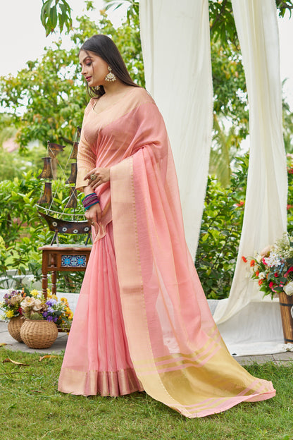 Pink Color Linen Cotton Saree With Zari Weaving Border