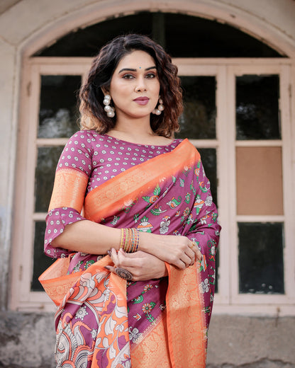 Magenta Kalamakari Digital Printed Tussar Silk Saree With Zari Motif Border