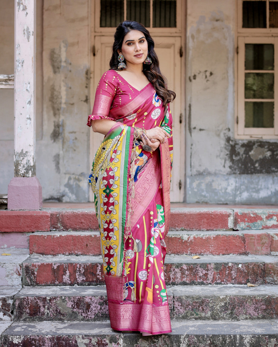 Pink Kalamkari Digital Printed Tussar Silk Saree With Zari Motif Border