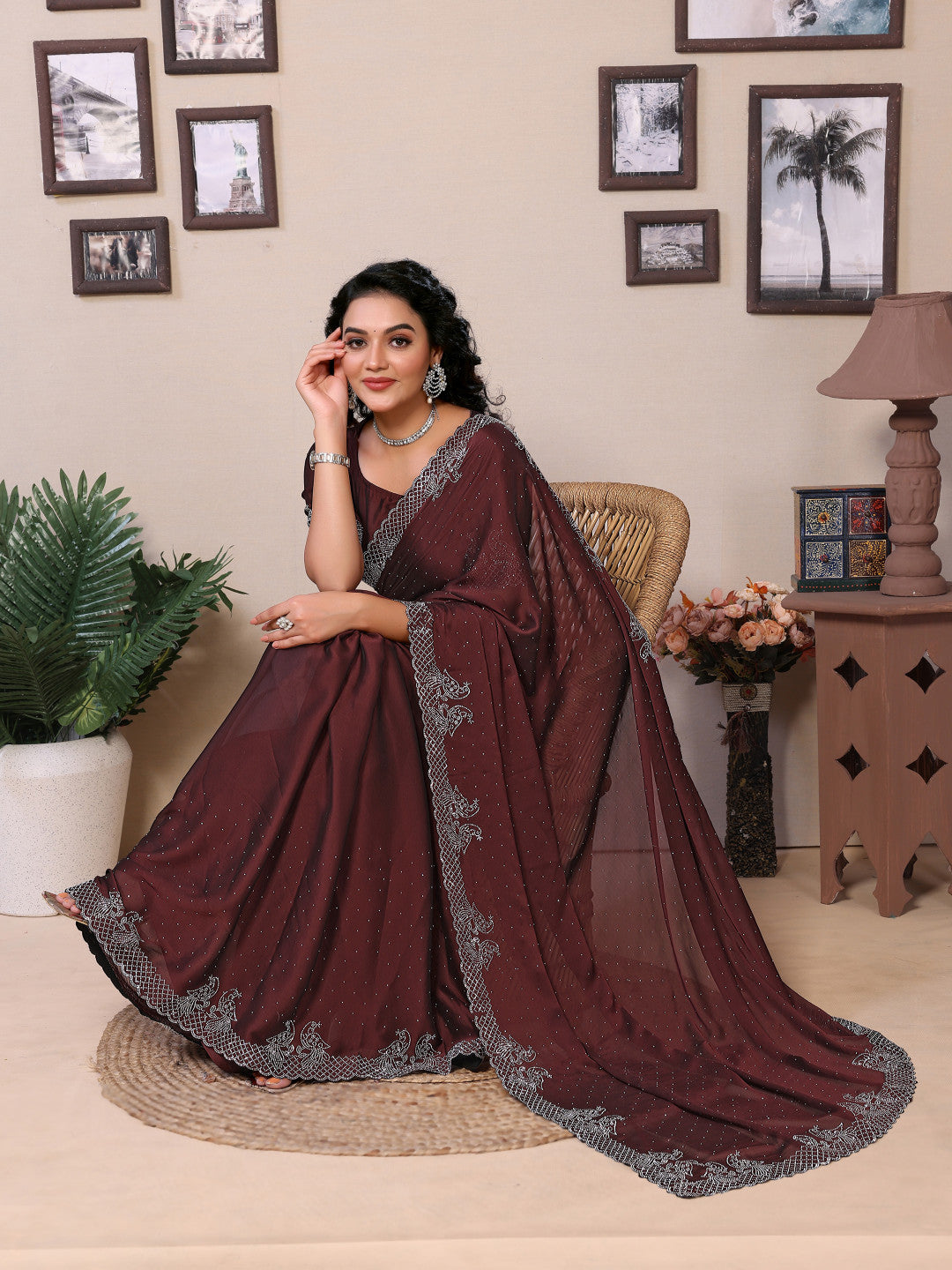 Fancy Coffee Rangoli Silk Saree With Diamond Work