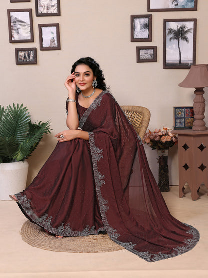 Fancy Coffee Rangoli Silk Saree With Diamond Work