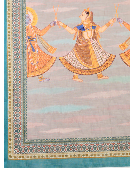 Rama Green Linen Cotton Saree With Digital Printed Work And Silver Zari Border