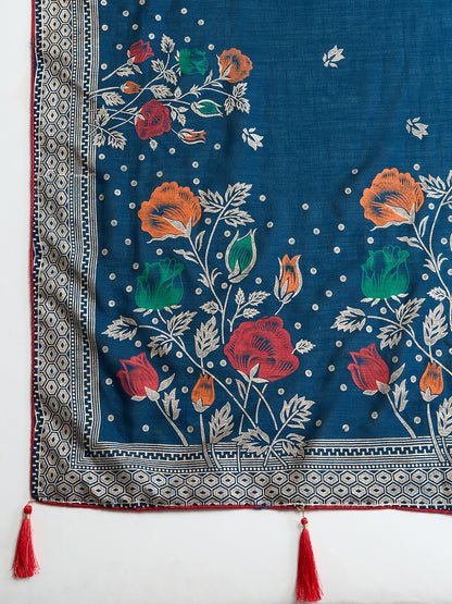 Navy Blue Cotton Saree With Table Printed And Foil Work With Pipeing Border
