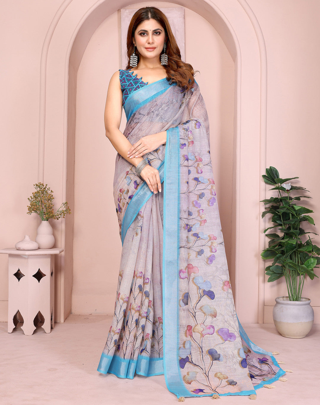 Lavender Linen Cotton Saree With Digital Printed Work And Silver Zari Border