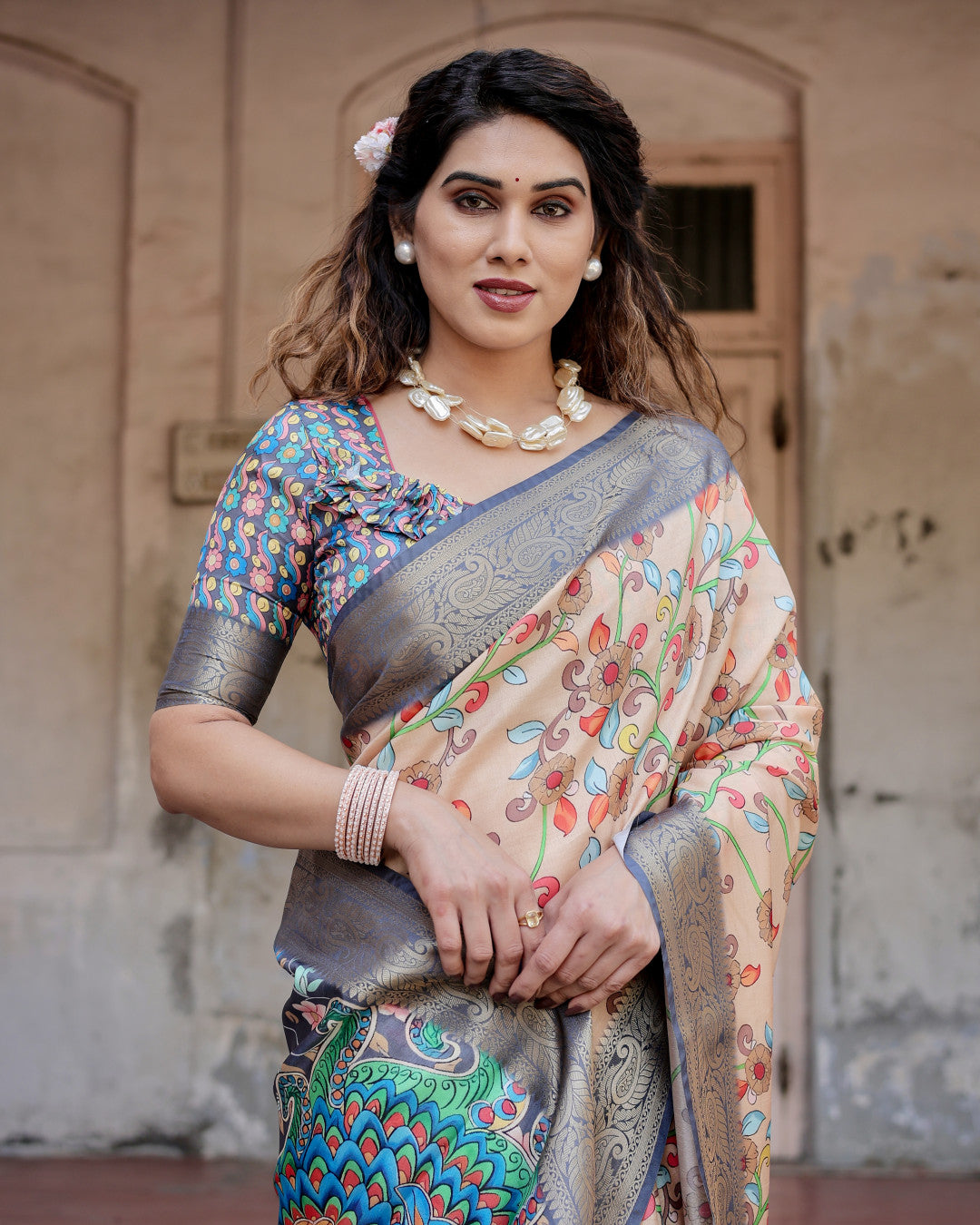 Multi Kalamkari Digital Printed Dola Silk Saree With Gold Zari Border