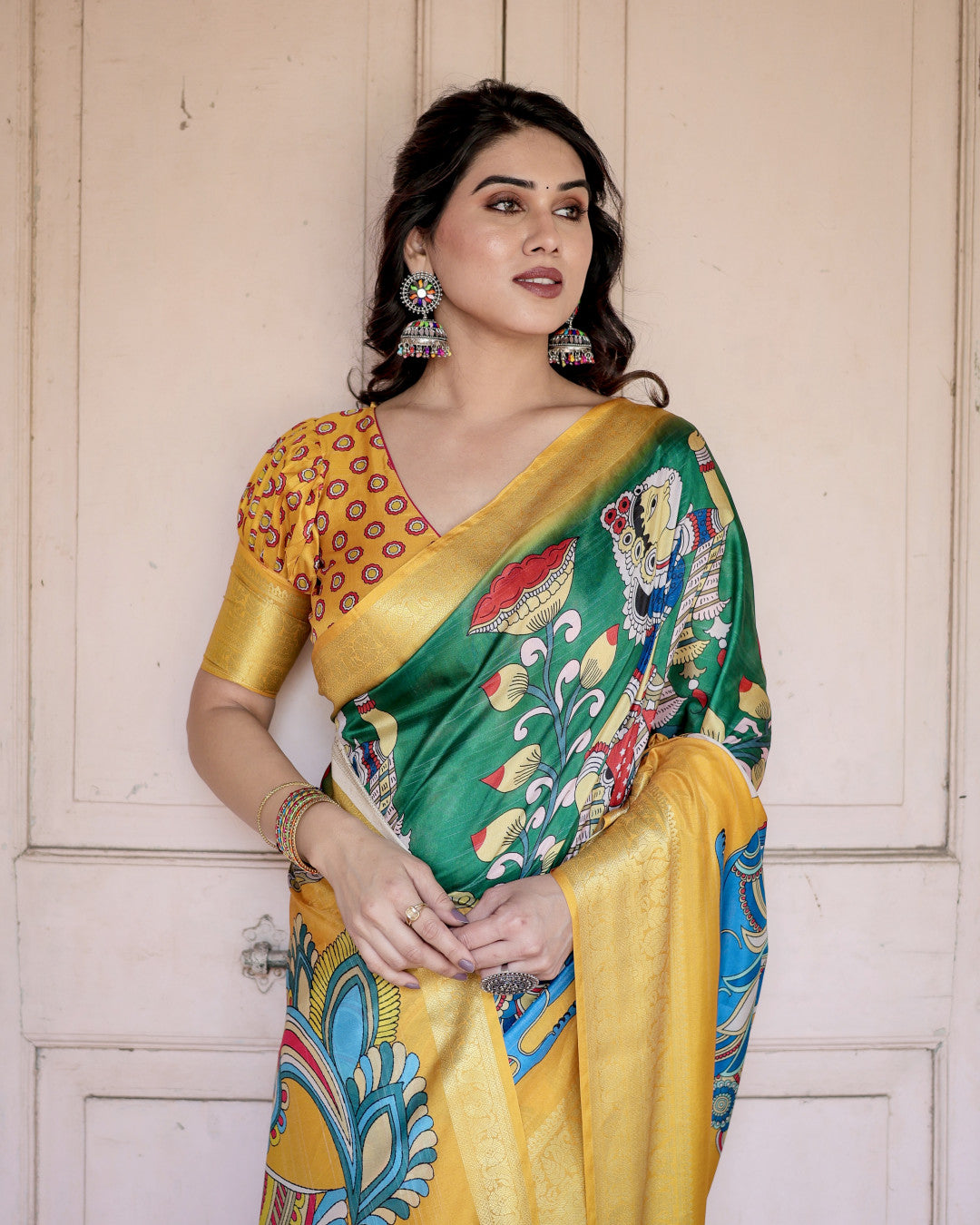 Multi Kalamkari Digital Printed Tussar Silk Saree With Zari Motif Border
