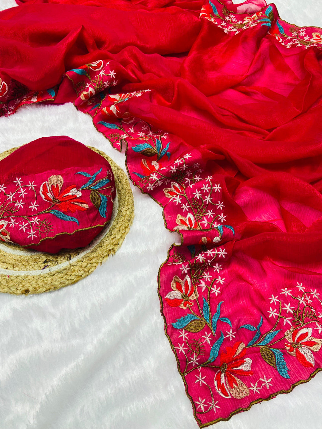 Rani Pink Fancy Fandy Silk Saree With Embroidery Work