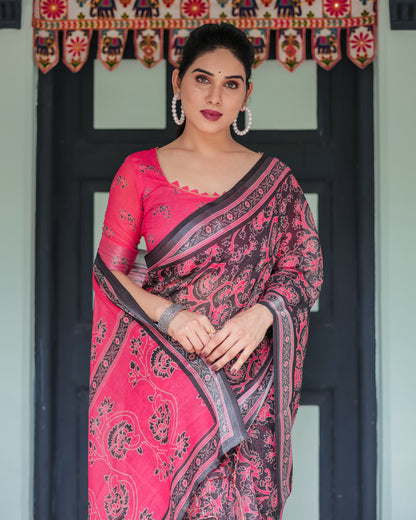 Multi Soft Linen Cotton Saree With Digital Printed Work