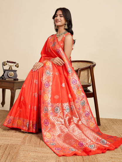 Traditional Orange Color Jacquard Silk Saree With Zari Work