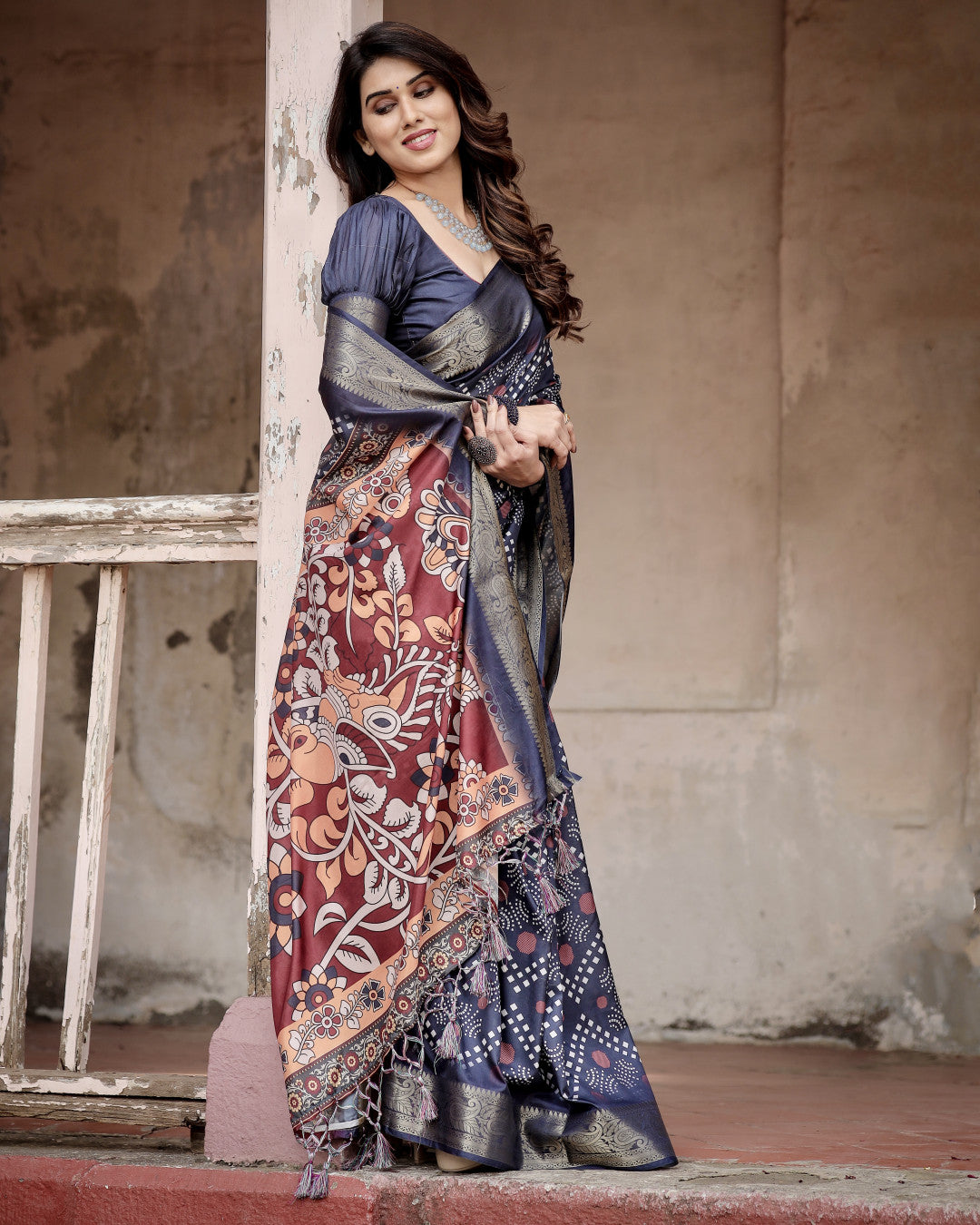 Blue Kalamkari Digital Printed Dola Silk Saree With Gold Zari Border