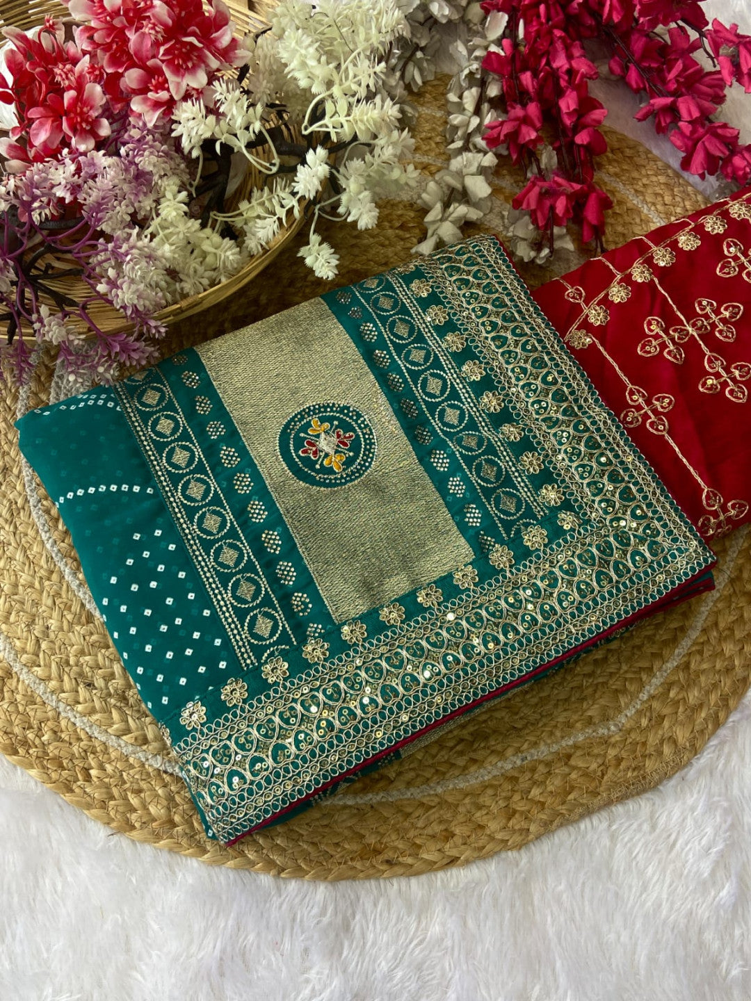 Firoji Vichitra Silk Saree With Khadi Bandhej Heavy Pallu With Hotpcs C Pallu Work