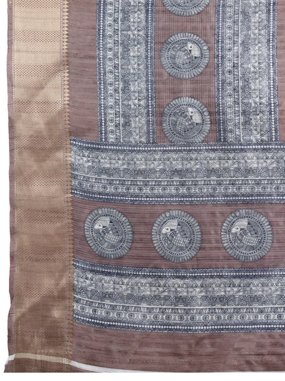 Coffee Soft Cotton Saree With Kalamkari Digital Printed Pallu & Zari Border