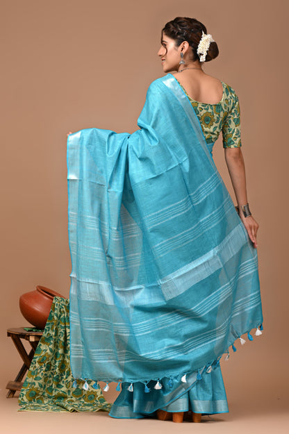 Sky Blue Colour Pure Plain Linen Cotton Saree With Ajrakh Blockprinted Cotton Blouse