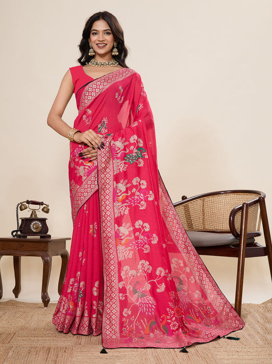 Gajari Cotton Saree With Table Printed And Foil Work With Pipeing Border