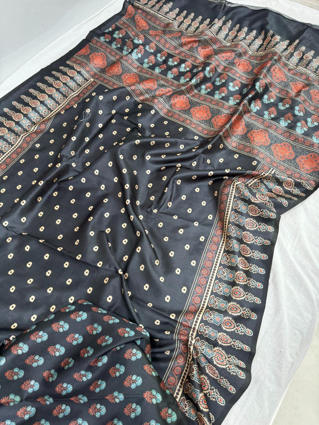 Black Ajrakh Print Tussar Silk Saree