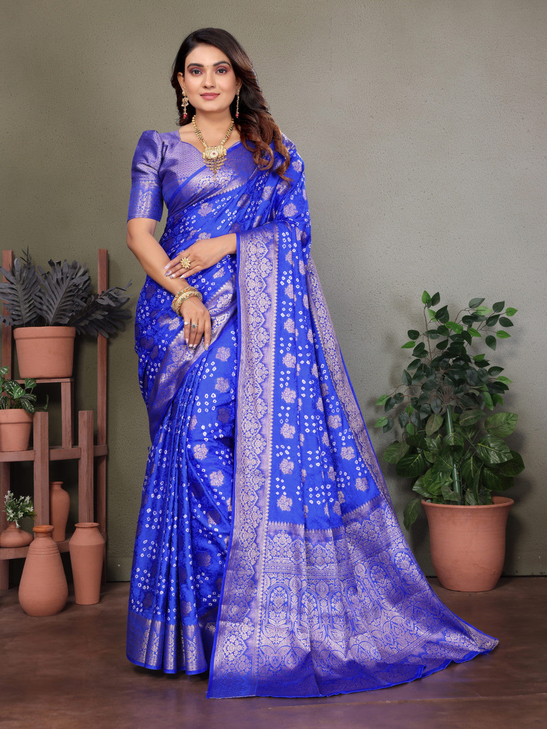 Royal Blue Premium Bandhej Silk Saree With Zari Weaving Work