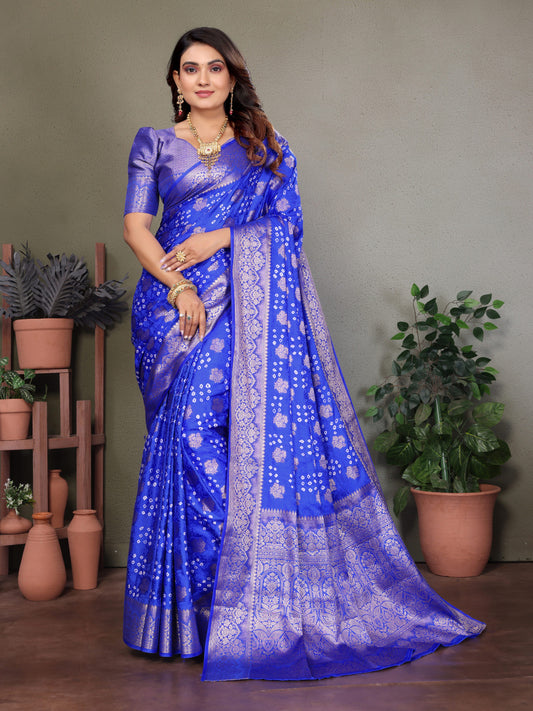 Royal Blue Premium Bandhej Silk Saree With Zari Weaving Work