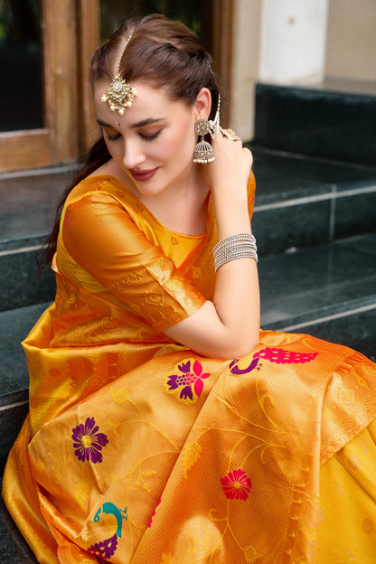 Traditional Yellow Paithani Silk Saree With Zari Weaving Work