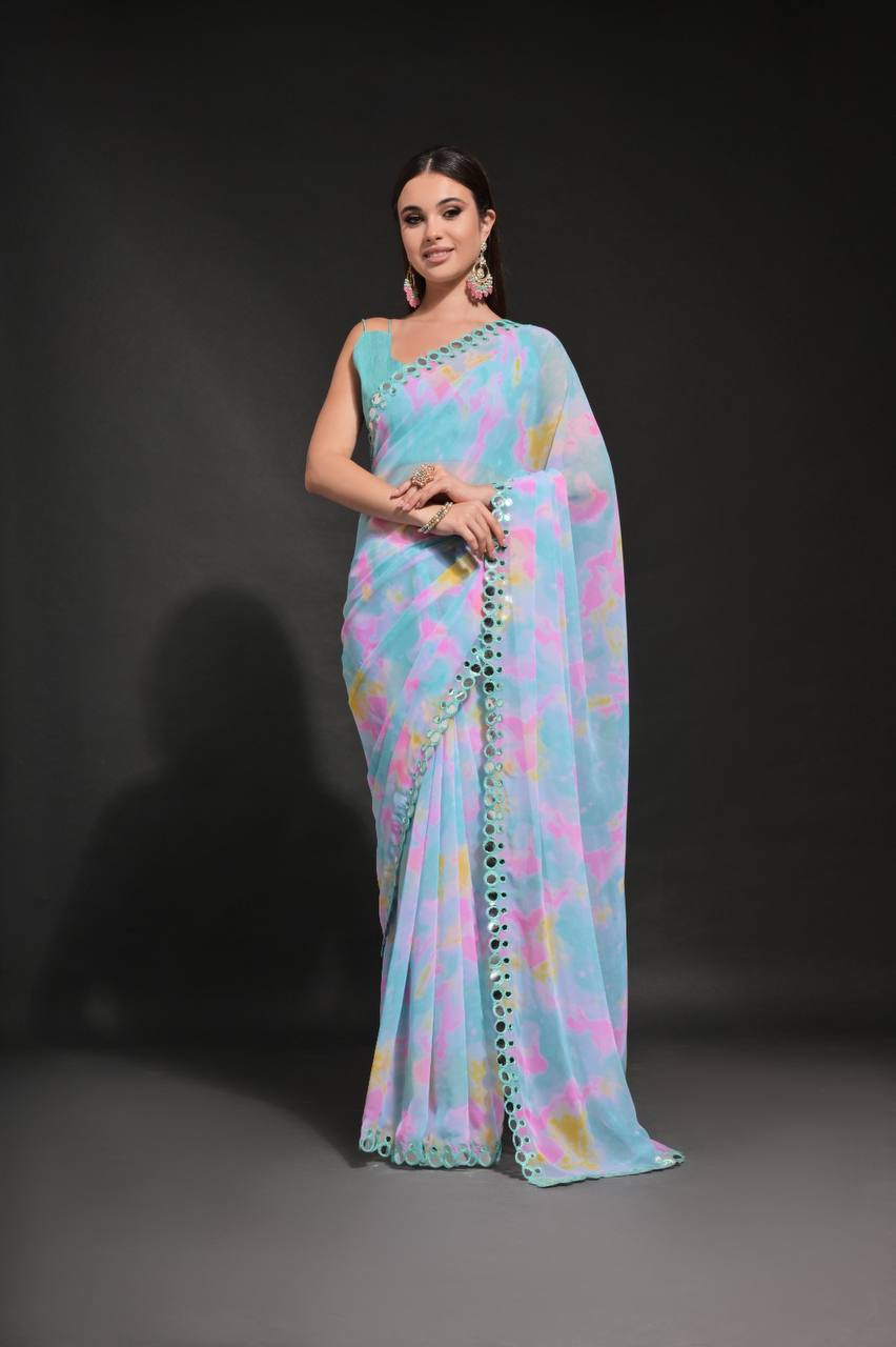 Sky Blue Fancy Chiffon Silk Saree With Prizam Printed Work And Foil Mirror Work Border