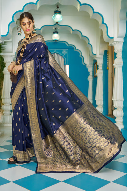 Navy Blue Banarasi Silk Blend Zari Woven Work