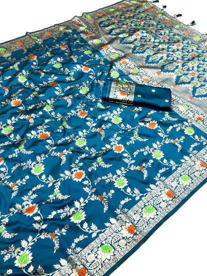 Firoji Banarasi Silk Saree With Meenakari Zari Weaving Work