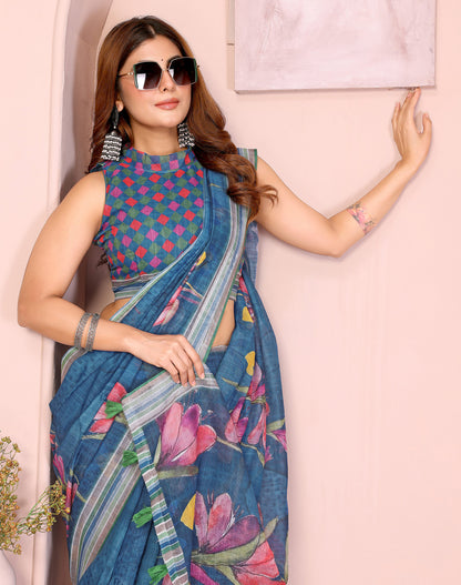 Blue Linen Cotton Saree With Digital Printed Work And Silver Zari Border