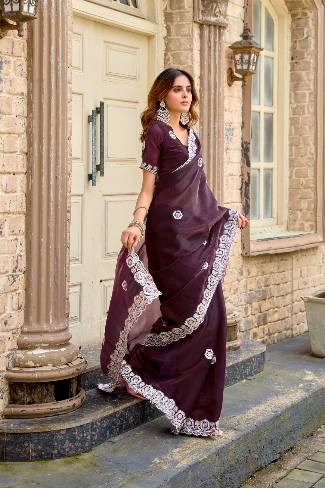 Wine Fancy Shimmer Chiffon Saree With Embroidery Work