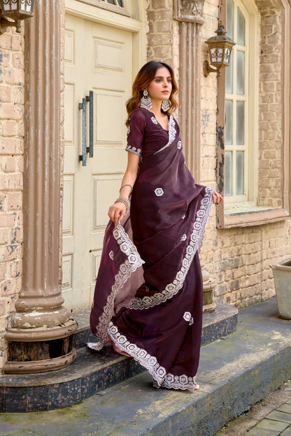 Wine Fancy Shimmer Chiffon Saree With Embroidery Work