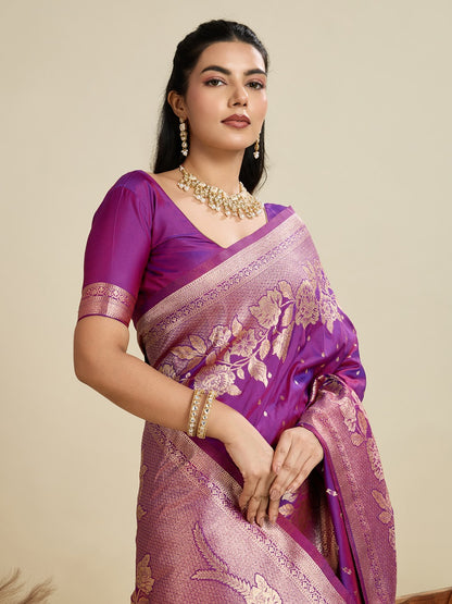 Purple Kanjivaram Silk Saree With Zari Weaving Border & Designer Rich Pallu