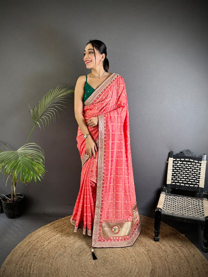 Peach Traditional Blooming Vichitra Khadi Bandhej Silk Saree With Sequence Work