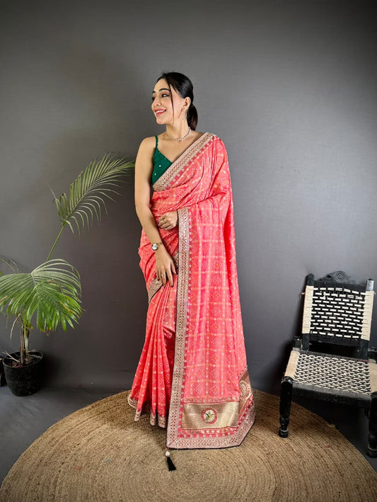 Peach Traditional Blooming Vichitra Khadi Bandhej Silk Saree With Sequence Work