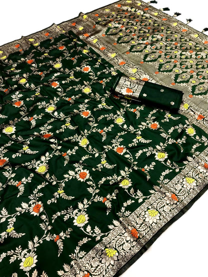 Dark Green Banarasi Silk Saree With Meenakari Zari Weaving Work