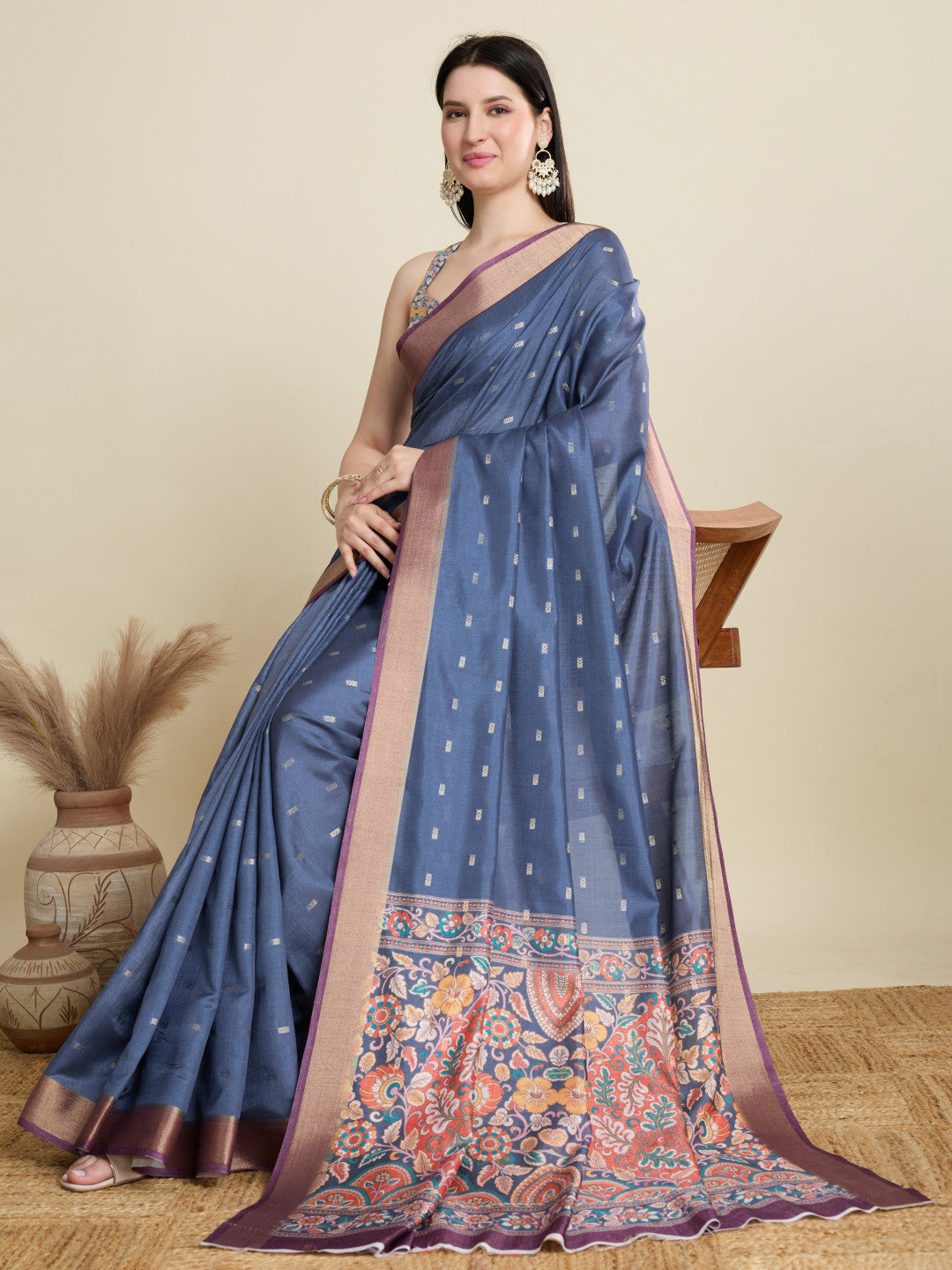 Blue Soft Cotton Saree With Kalamkari Digital Printed Pallu & Zari Border