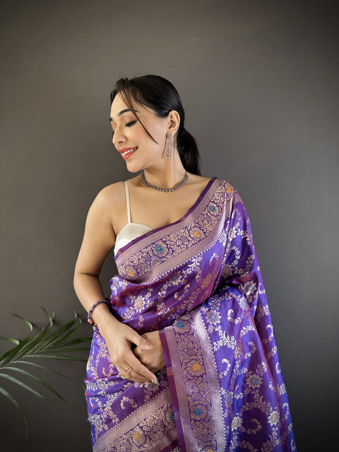 Purple Banarasi Silk Saree With Meenakari Zari Weaving Work