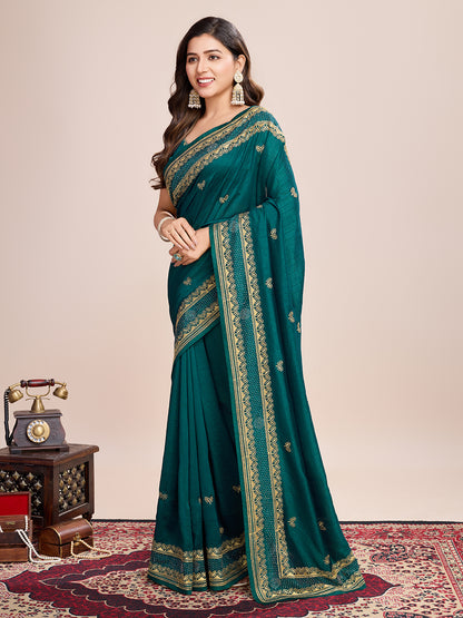 Fancy Rama Green Soft Vichitra Silk Saree With Embroidery Work