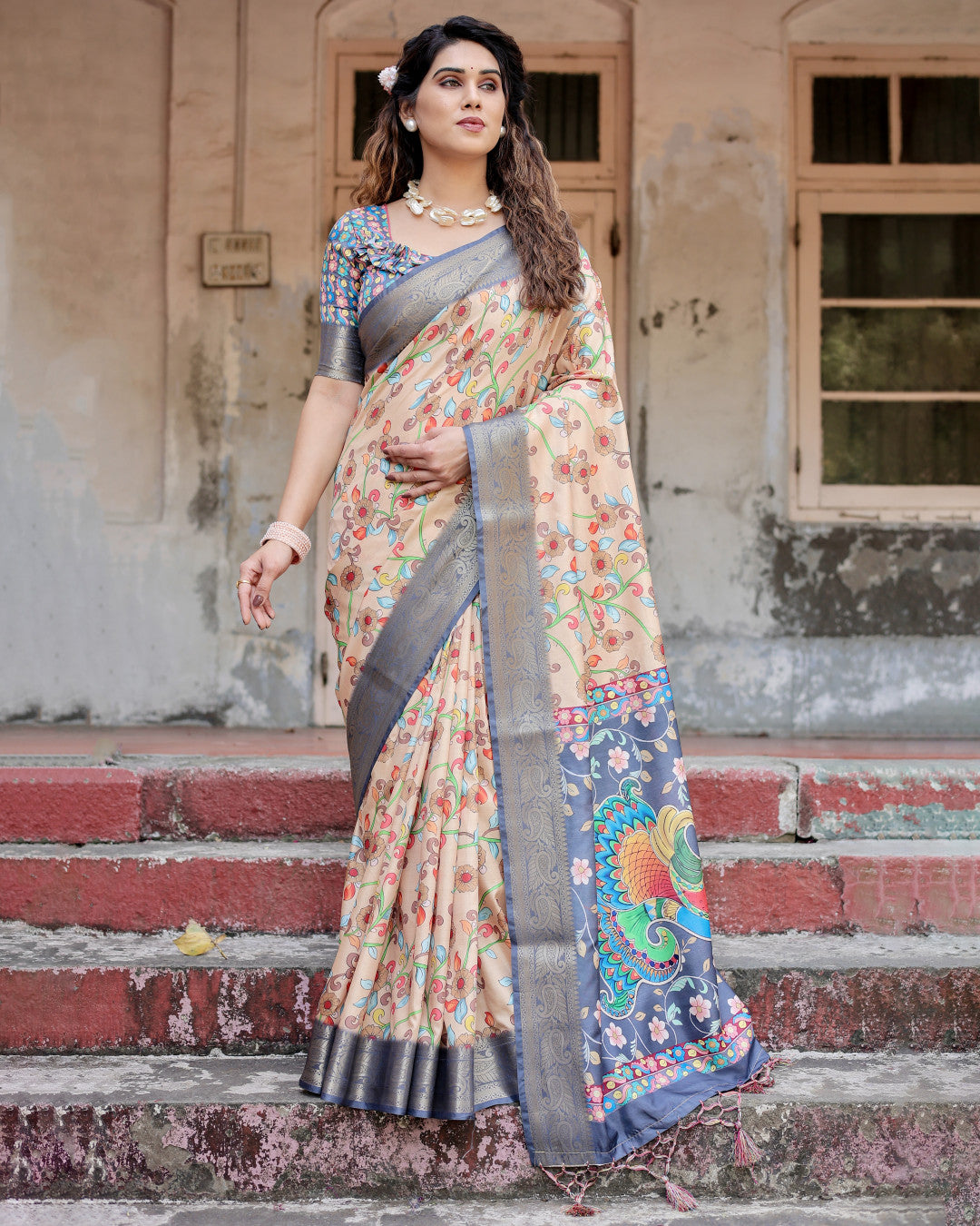 Multi Kalamkari Digital Printed Dola Silk Saree With Gold Zari Border