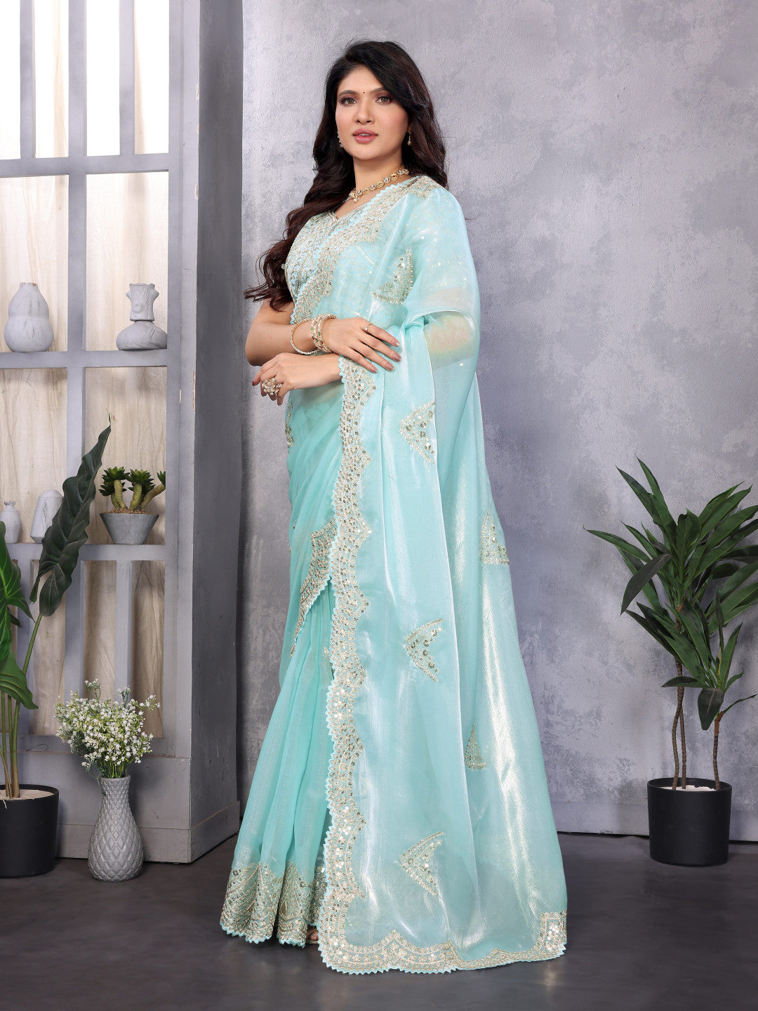 Sky Blue Fancy Shimmer Chiffon Saree With Embroidery Work