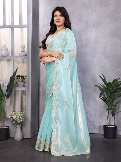 Sky Blue Fancy Shimmer Chiffon Saree With Embroidery Work