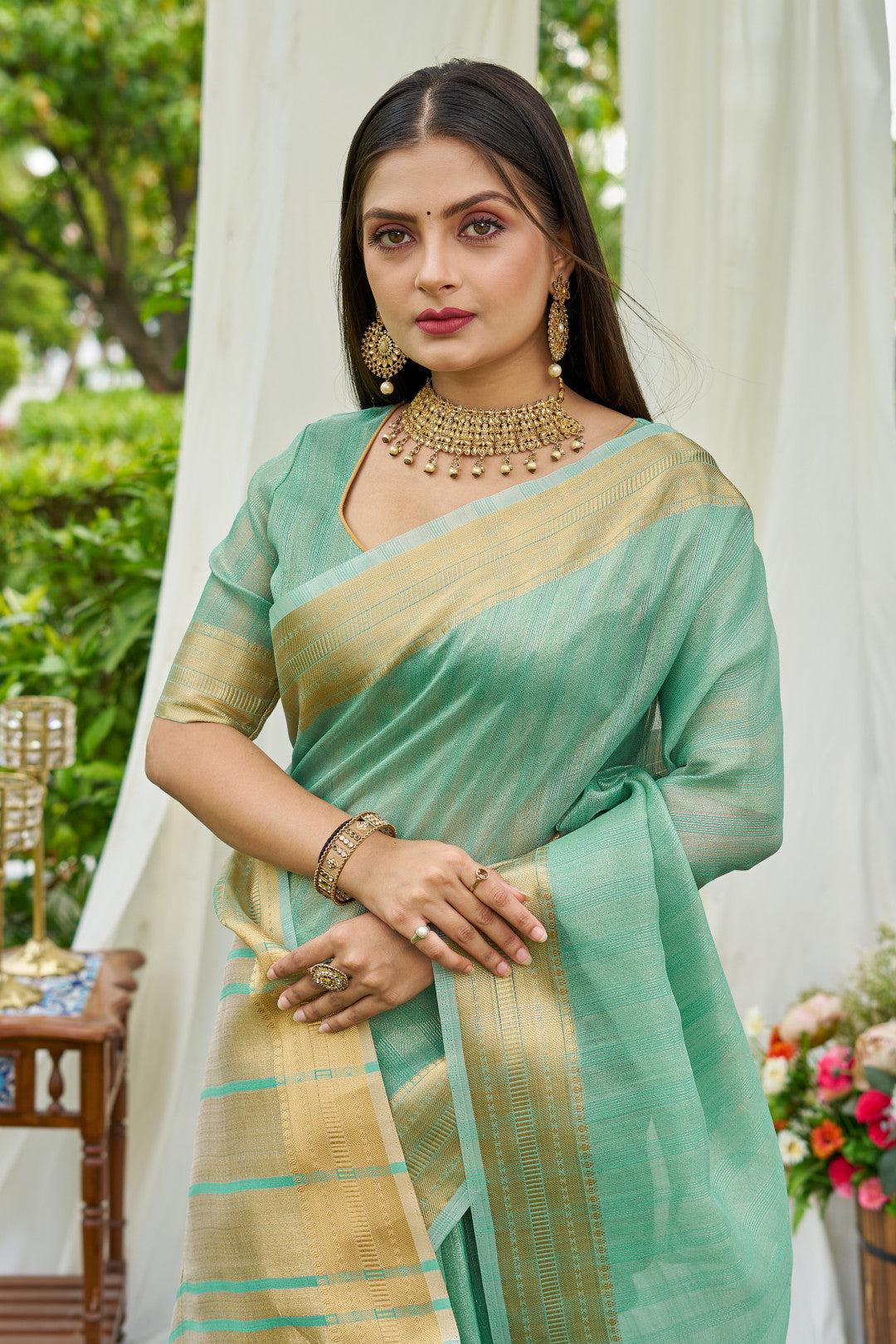 Sea Green Colour Linen Cotton Saree With Zari Weaving Border