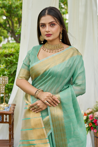 Sea Green Colour Linen Cotton Saree With Zari Weaving Border