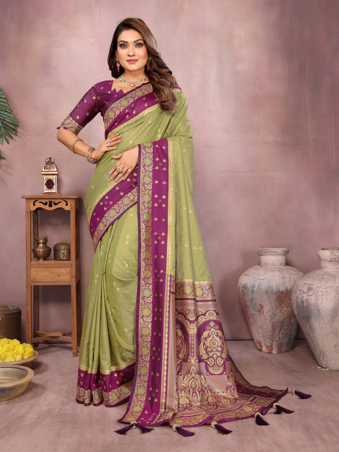 Green Traditional Banarasi Silk Saree With Zari Weaving Work