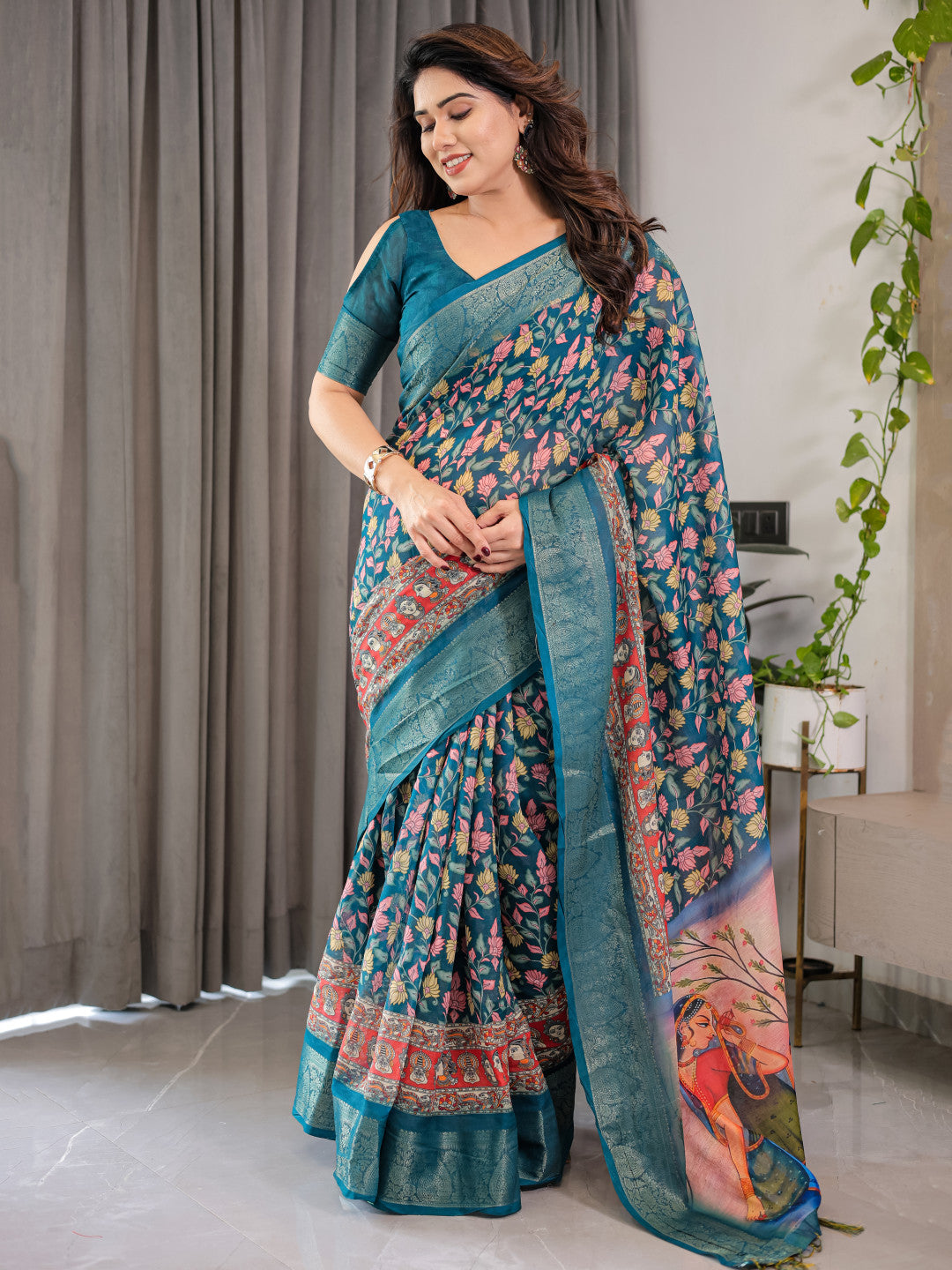 Multi Kalamkari Digital Printed Linen Cotton Saree