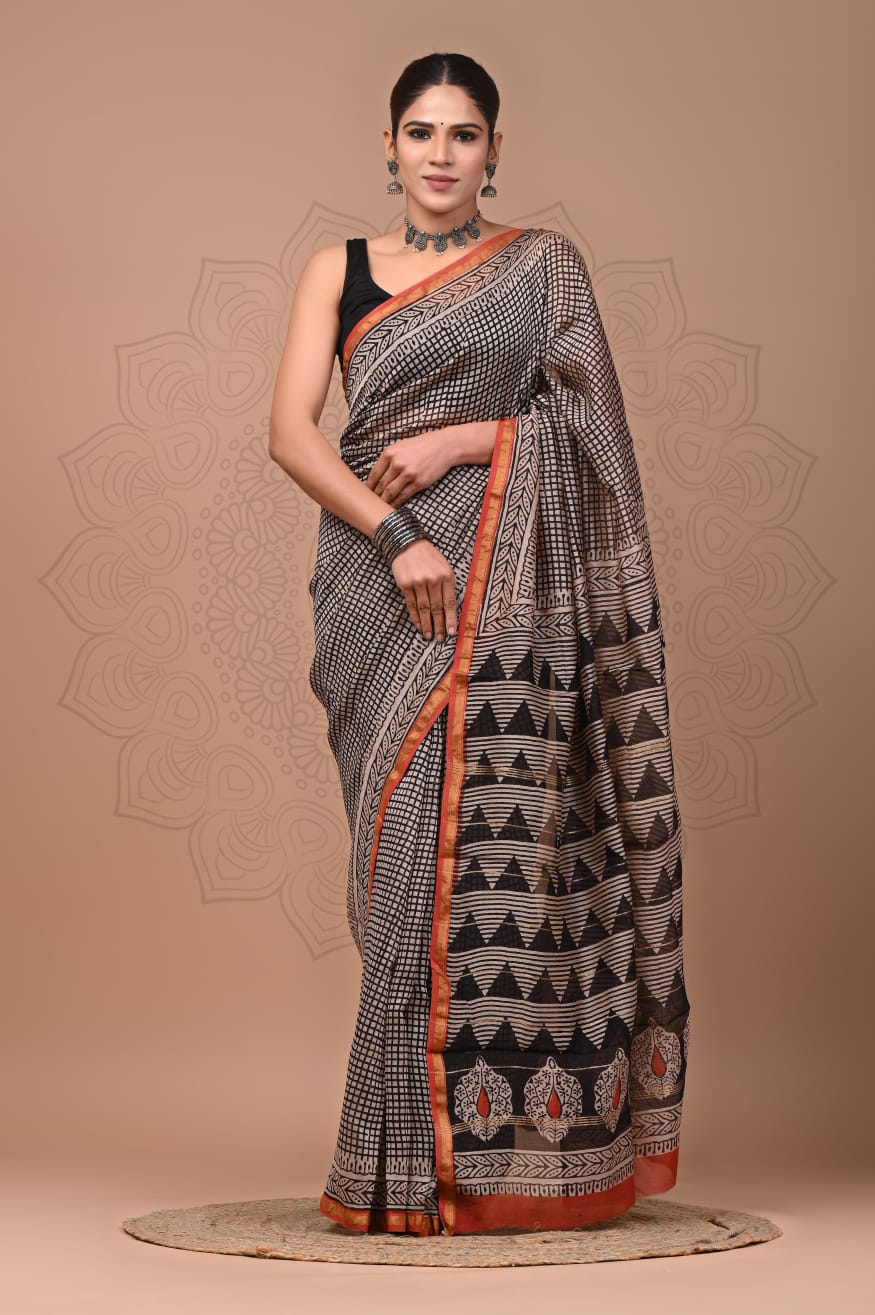 Multi Colour Pure Chanderi Silk Saree With Bagru Handblock Printed Work