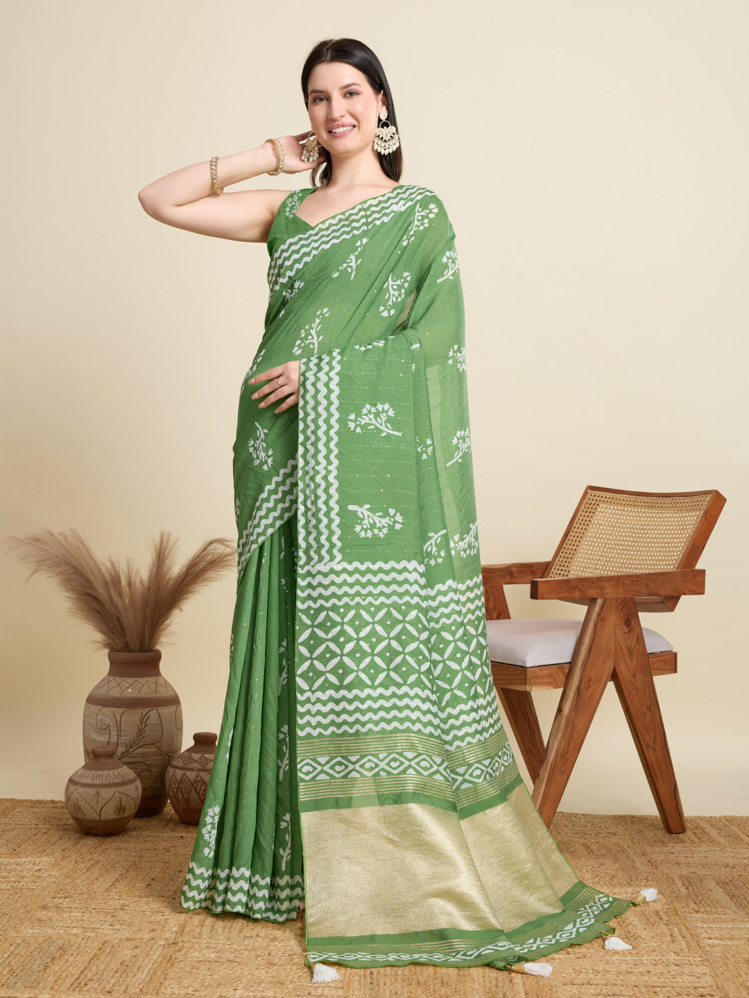 Pista Green Batik Printed Soft Cotton Saree With Sequence Work