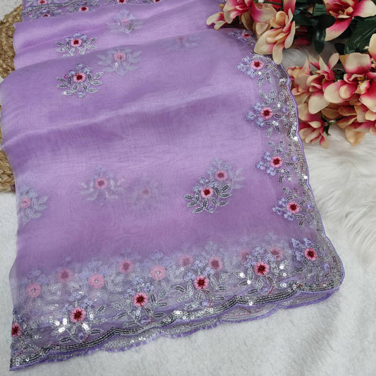 Lavender Organza Silk Saree With Sequence Embroidery Work And Arco Cut Border With Readymade Blouse