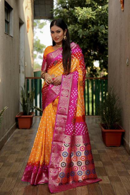Multi Color Soft Bandhej Silk Saree With Zari Weaving Work