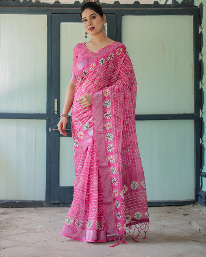 Babypink Soft Linen Cotton Saree With Digital Printed Work